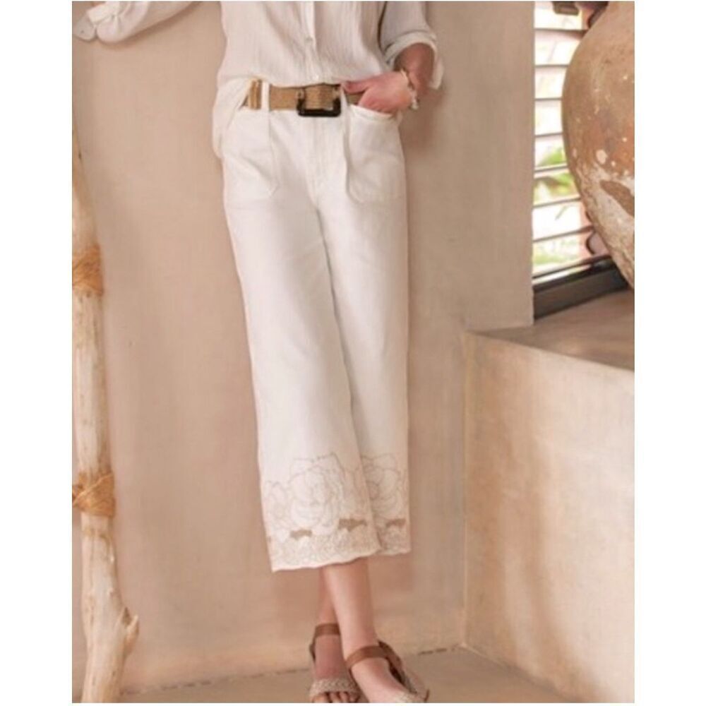 Soft Surroundings The Ultimate Wide Leg Crop Jeans Embroidered Ivory 6